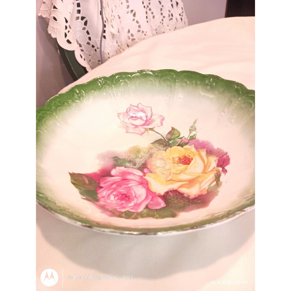 Antique pink and yellow porcelain serving bowl